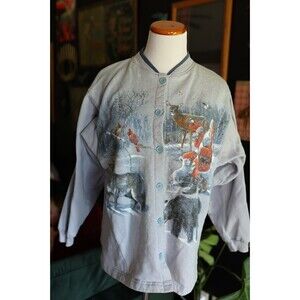 Artisans Vintage AOP  Women's Blue Christmas Santa Animals  Button Cardigan L